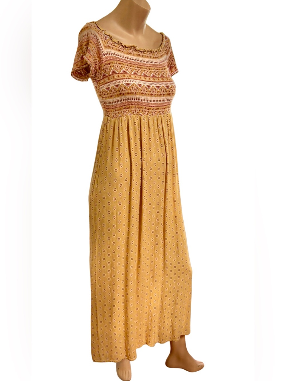 Wild Skye Boho Maxi Dress Mustard Rayon Empire Waist Smocking Cottagecore - L/G